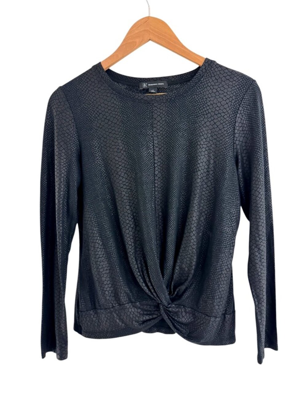 INC International Concepts Black Snakeskin Knot Front Long Sleeve Top‎ Shirt S